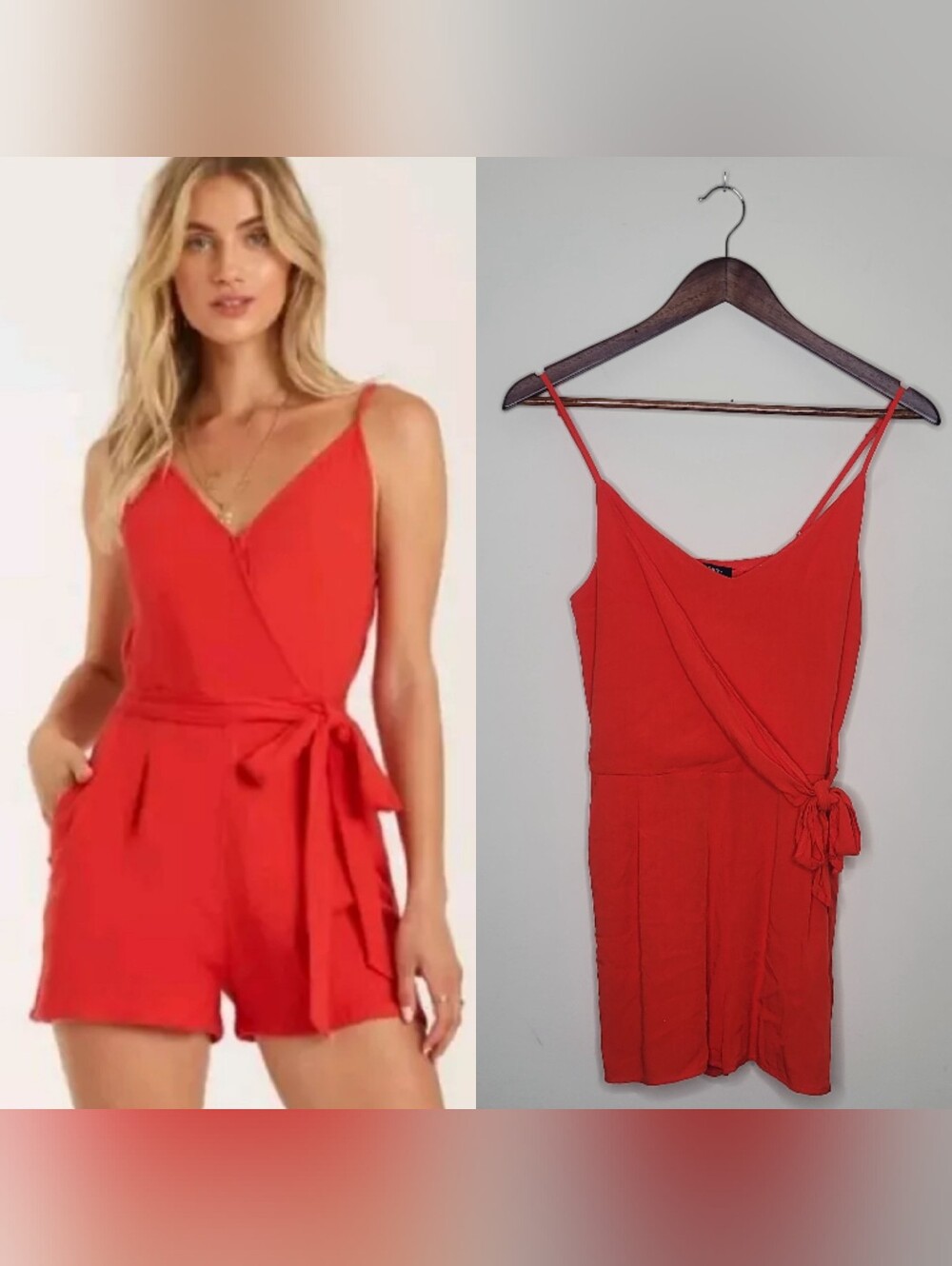 Sz S Red Faux Wrap Side Tie Strappy Romper Summer Tomato Girl 4th Of July FIFA
